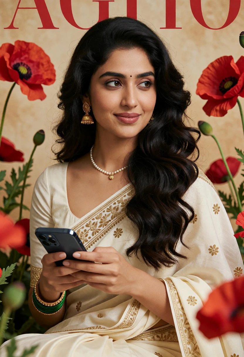 Woman in cream saree holding smartphone against red poppy floral background - AI generated image prompt sample