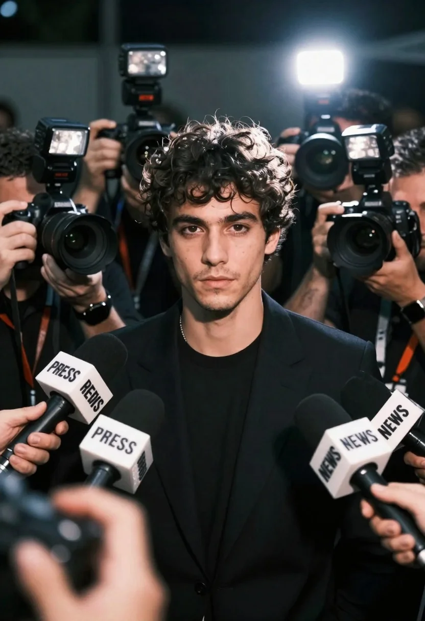Young man in black blazer surrounded by flashing press cameras - AI generated image prompt sample