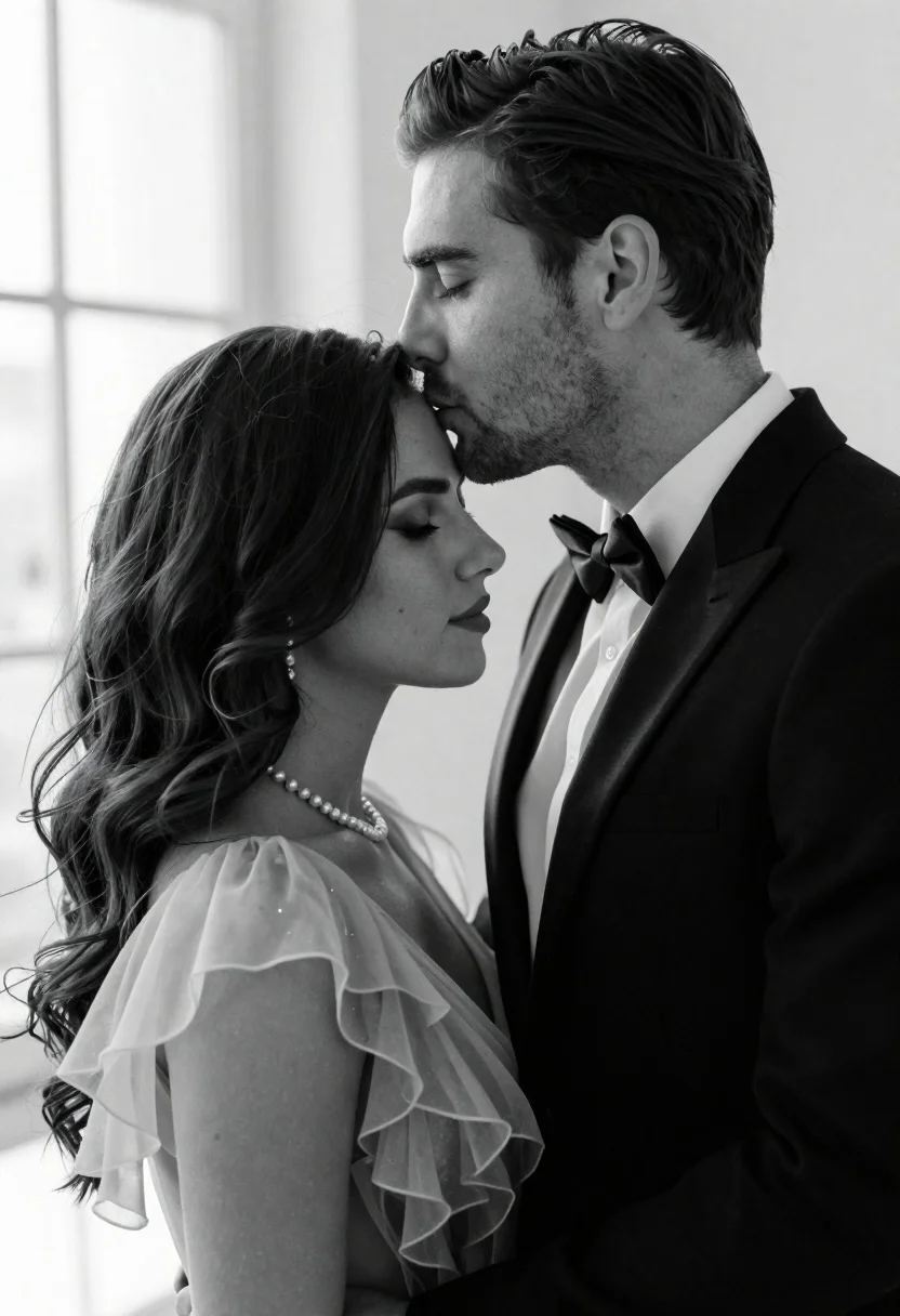 Black and white portrait of a couple embracing in intimate profile - AI generated image prompt sample