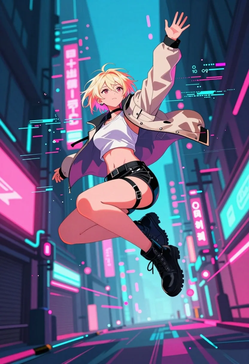Anime blonde woman floating through cyberpunk alleyway neon lights - AI generated image prompt sample