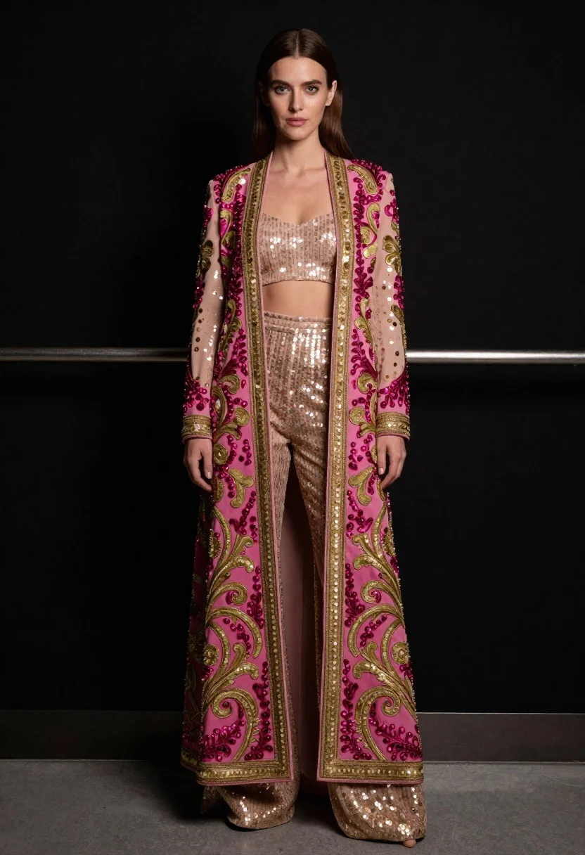 Full length portrait of woman in embroidered coat against black background