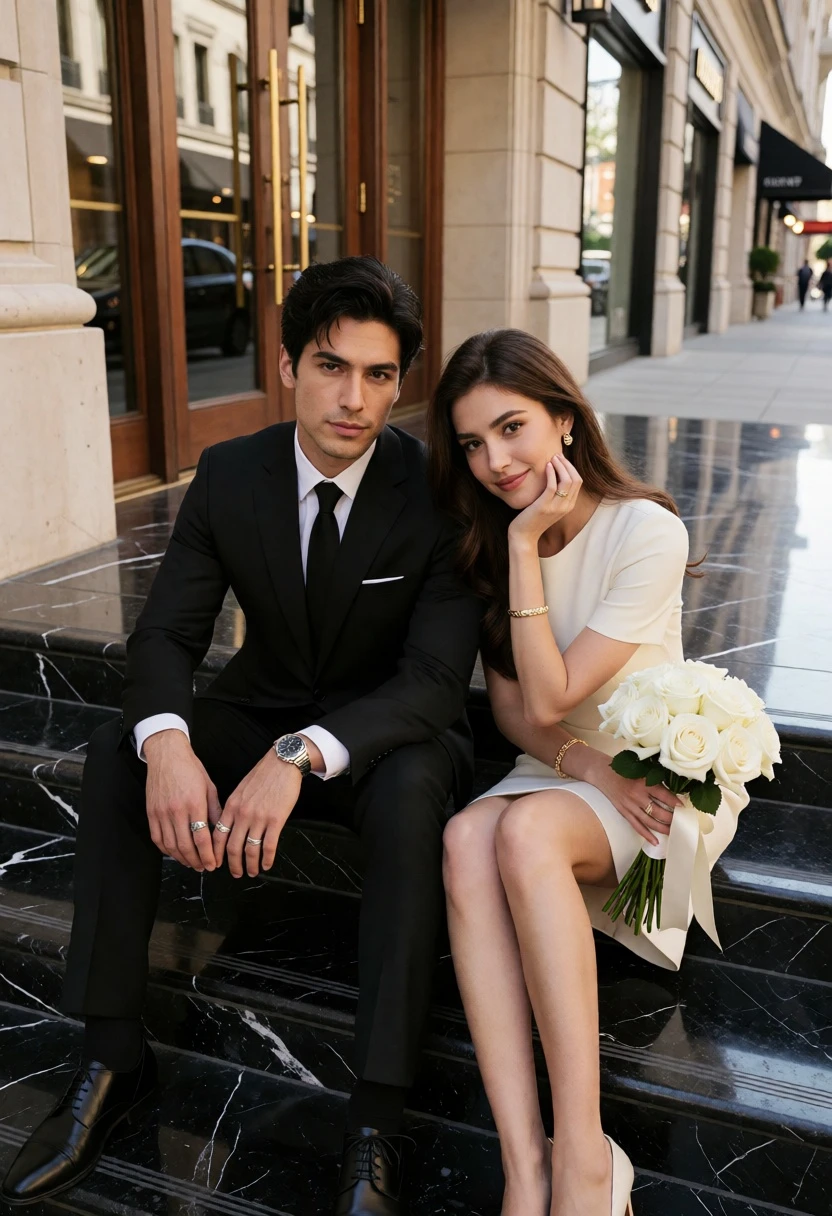 Well dressed couple sitting on black marble steps outside grand building entrance - AI generated image prompt sample