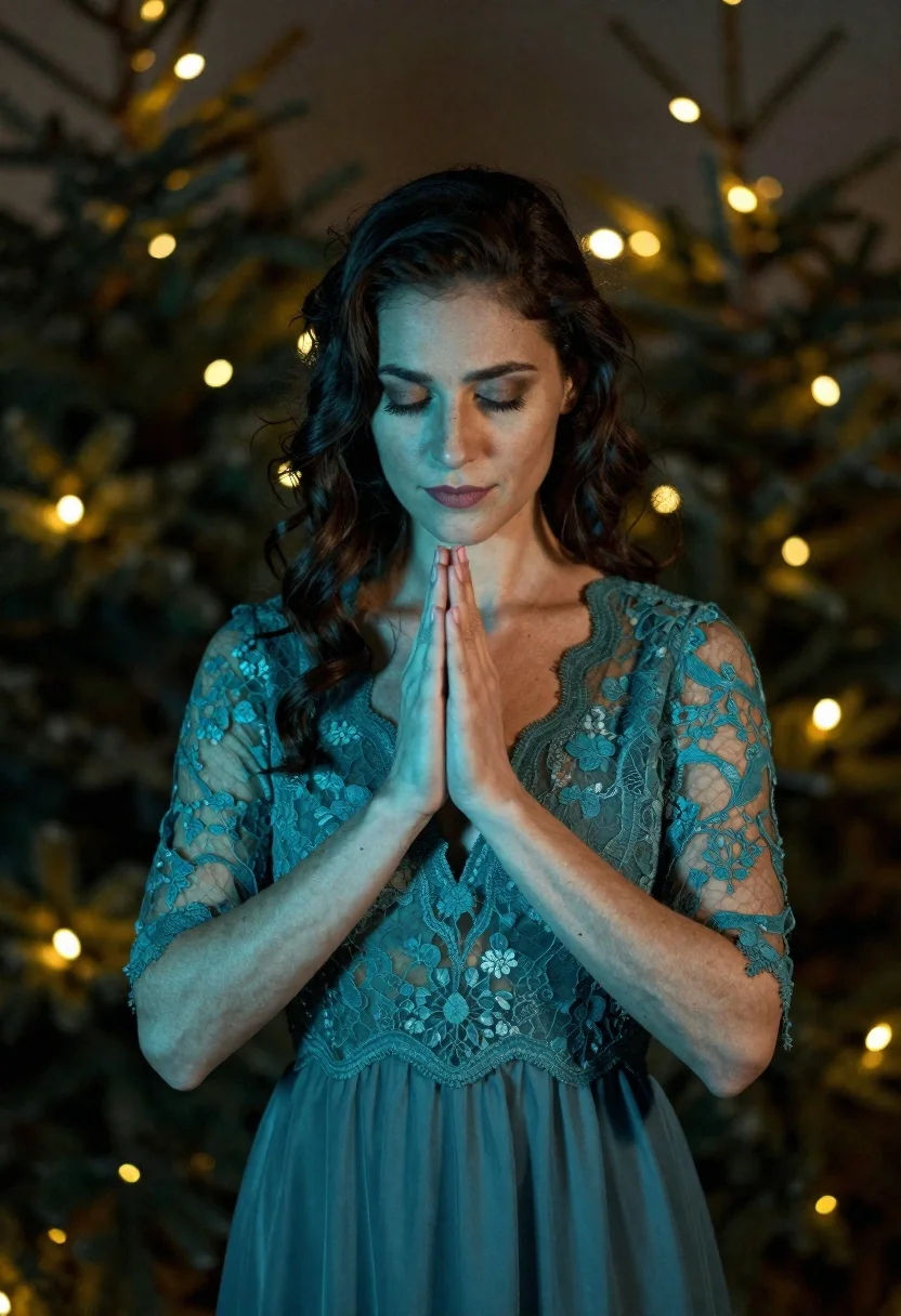 Woman in teal lace bodice with clasped hands