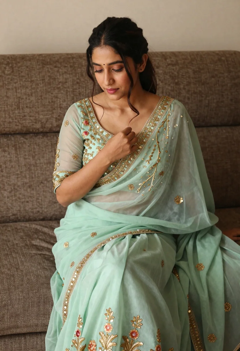 Young woman in mint green embroidered lehenga sitting on brown sofa
