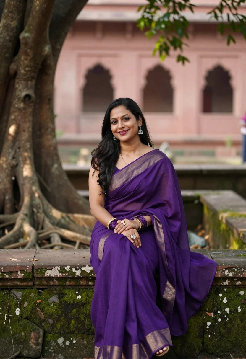 Smiling woman in purple saree sitting on mossy stone ledge near ancient
