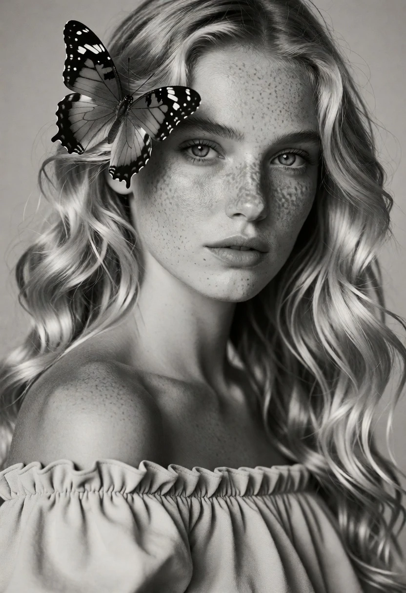 High fashion black and white portrait of blonde woman with butterfly on - AI generated image prompt sample
