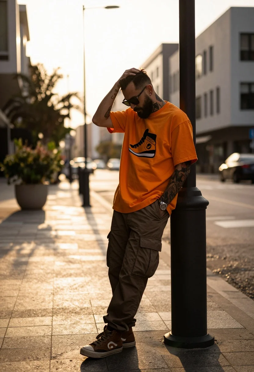 Man leaning against dark bollard on city street at golden hour - AI generated image prompt sample