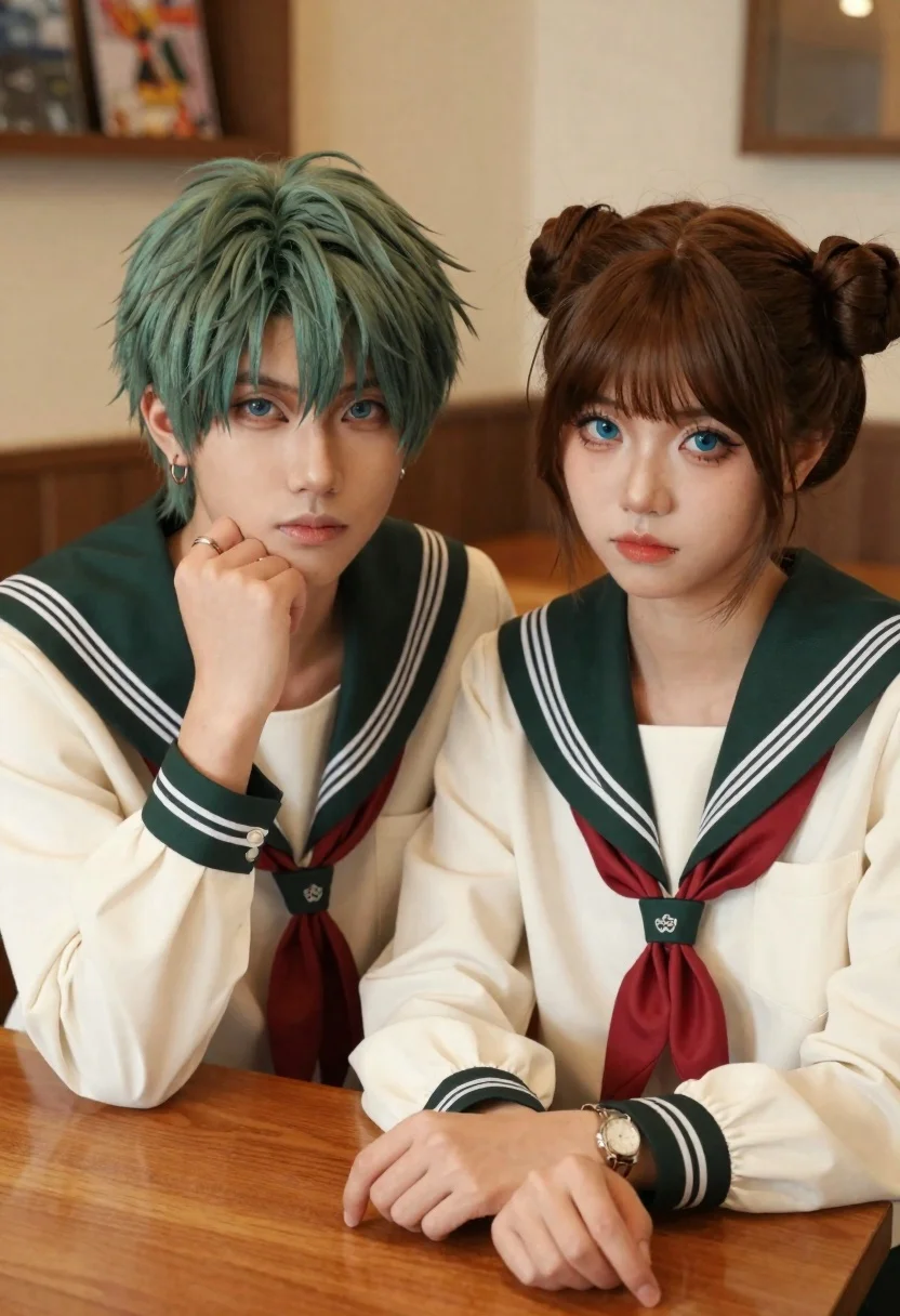 Two young people in sailor uniforms sitting at a wooden table - AI generated image prompt sample