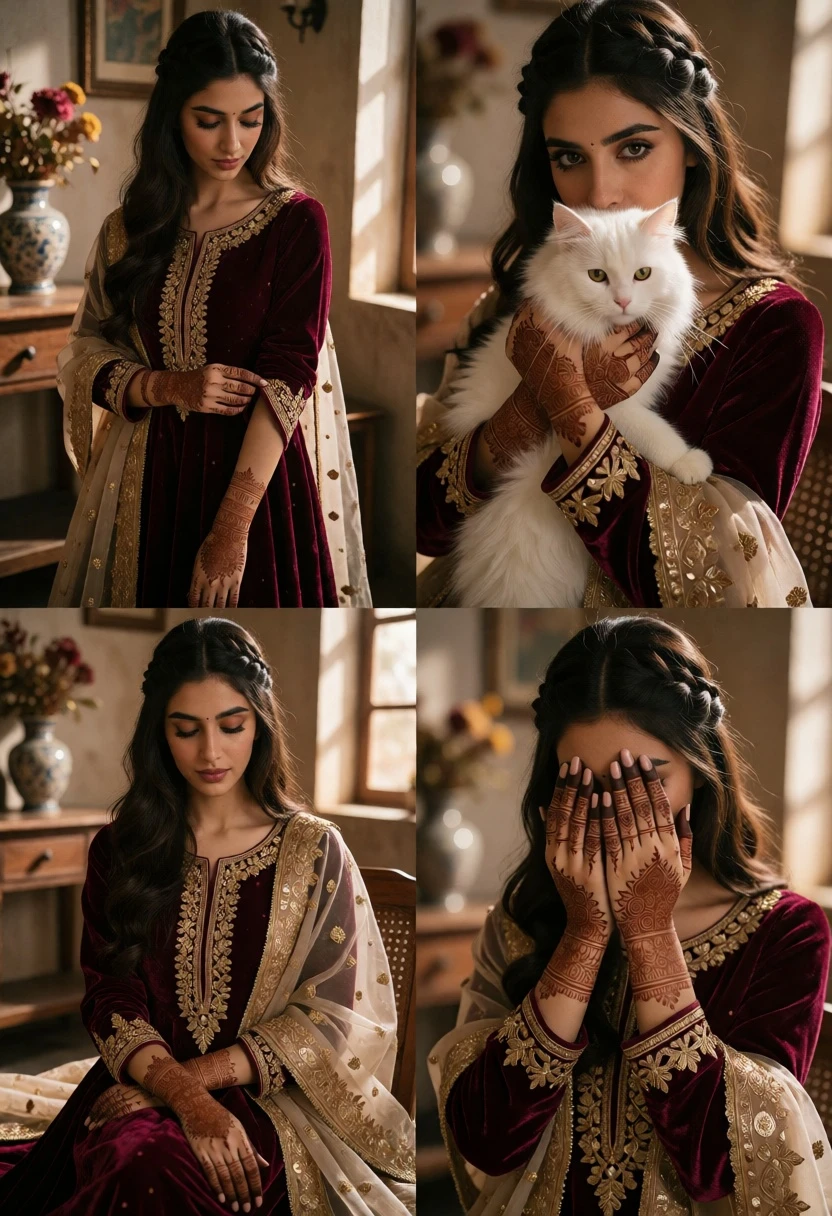 Collage of four photos featuring south asian bride in burgundy velvet attire - AI generated image prompt sample