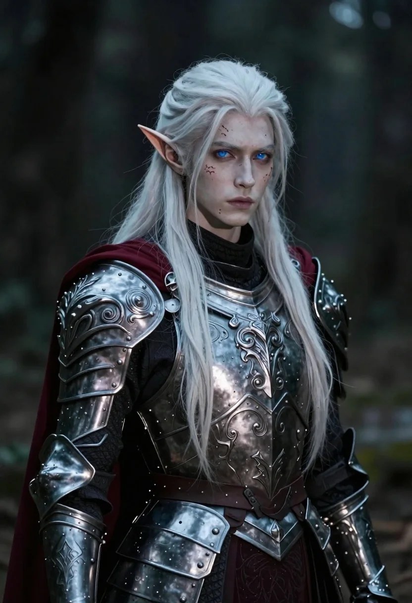 Pale elf warrior in dark metal armor in forest