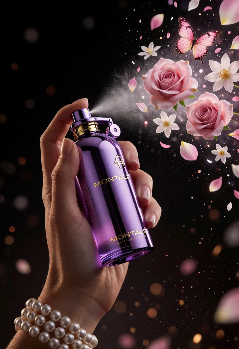 Hand spraying perfume creating floating pink roses and butterfly against dark void - AI generated image prompt sample