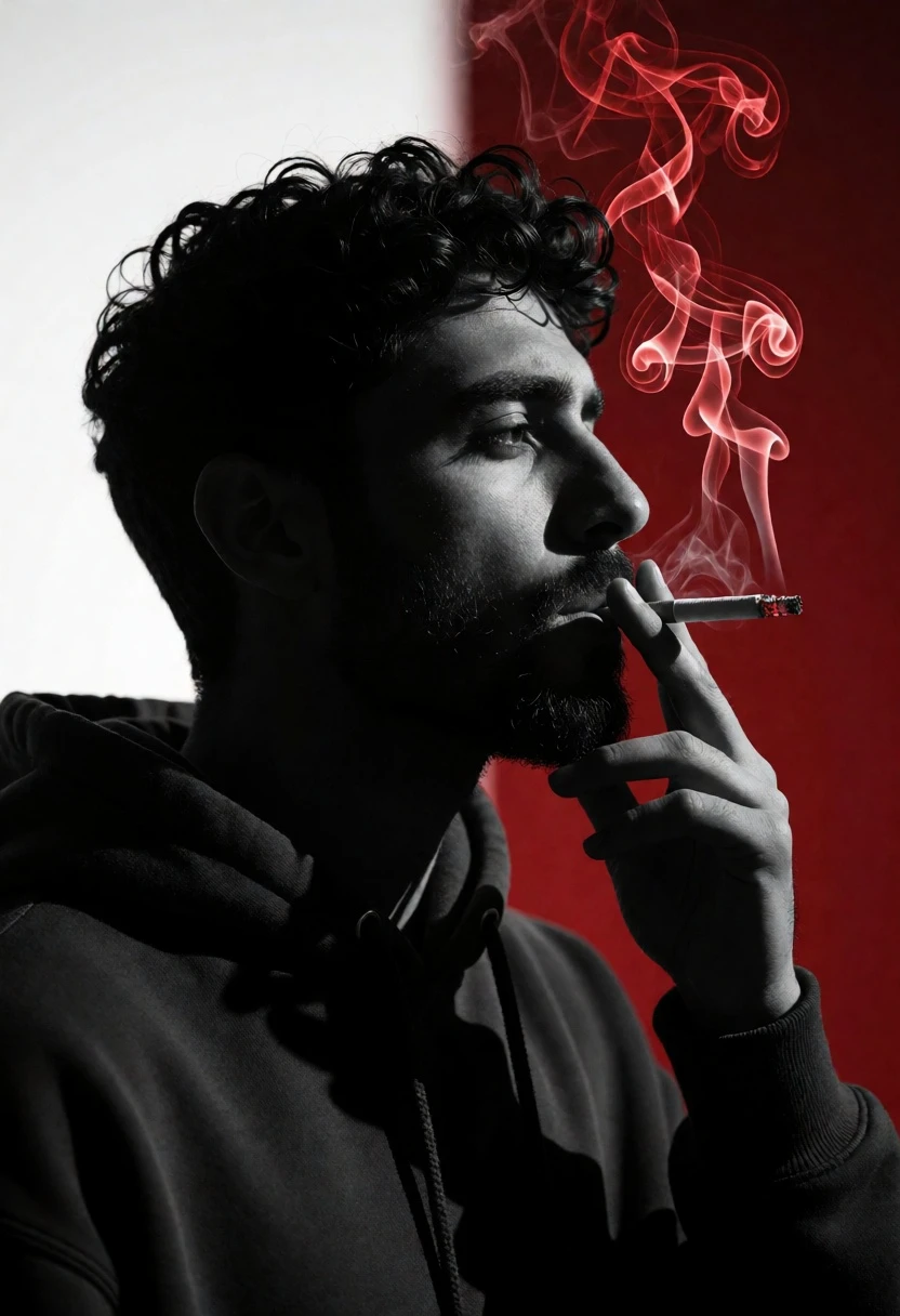 Profile portrait of man smoking cigarette against stark white and deep crimson - AI generated image prompt sample
