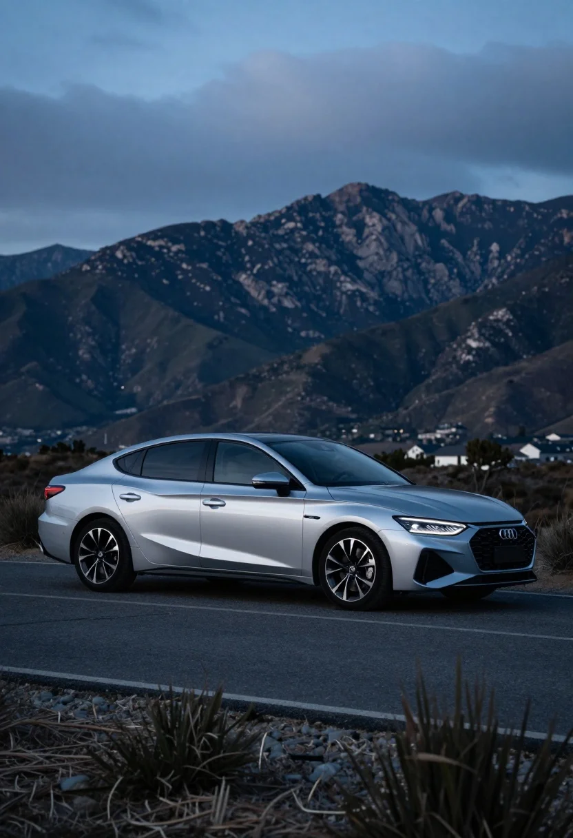 Sleek silver sedan parked on asphalt before dramatic mountain range under blue - AI generated image prompt sample