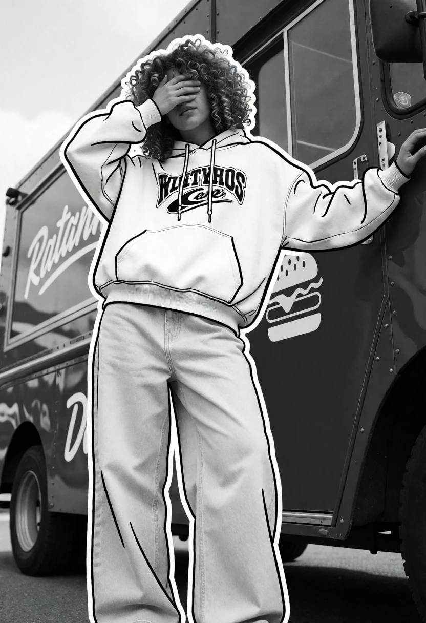 Person in hoodie and jeans against dark food truck with graphic overlay - AI generated image prompt sample