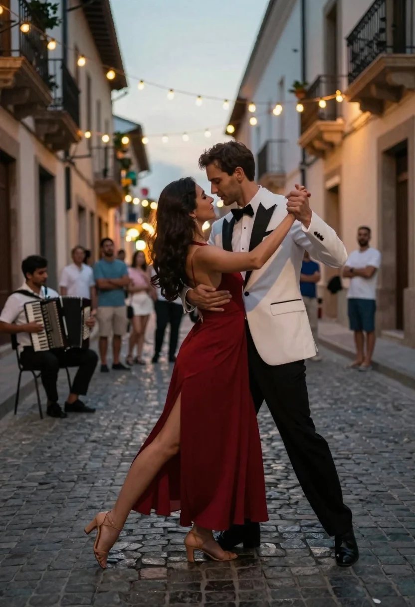 Romantic couple dancing intimately on cobblestone street at dusk - AI generated image prompt sample