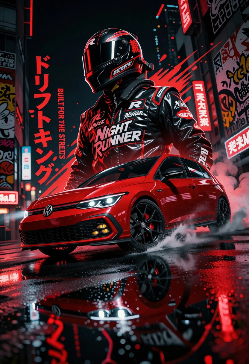 Glossy red vw gti drifting through wet neon lit city streets at - AI generated image prompt sample