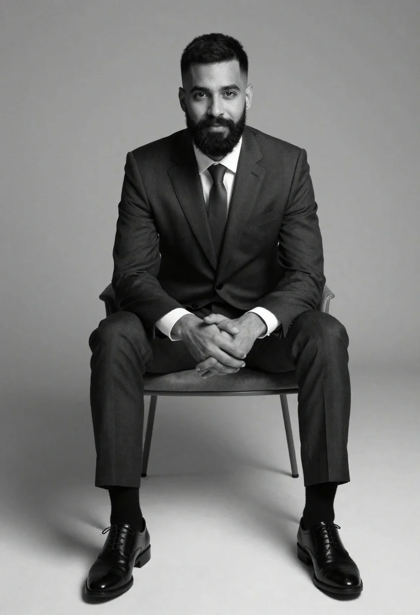 Man in tailored suit seated in minimalist studio - AI generated image prompt sample