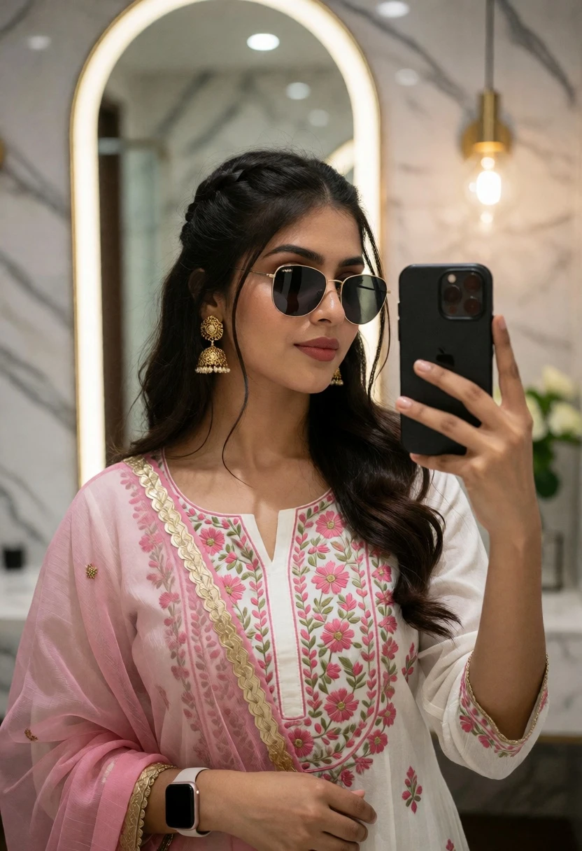 Young woman mirror selfie in white embroidered kurta with pink dupatta - AI generated image prompt sample