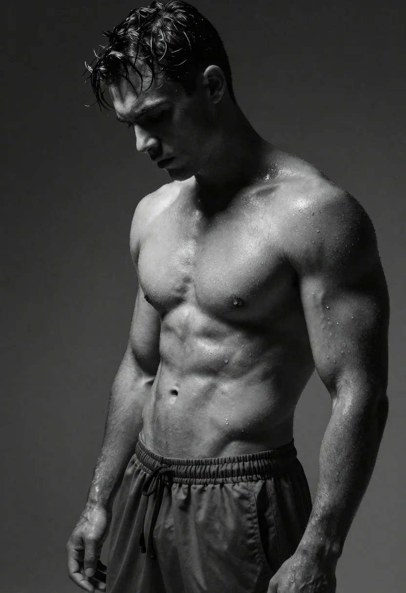 Black and white portrait of muscular man with wet skin - AI generated image prompt sample