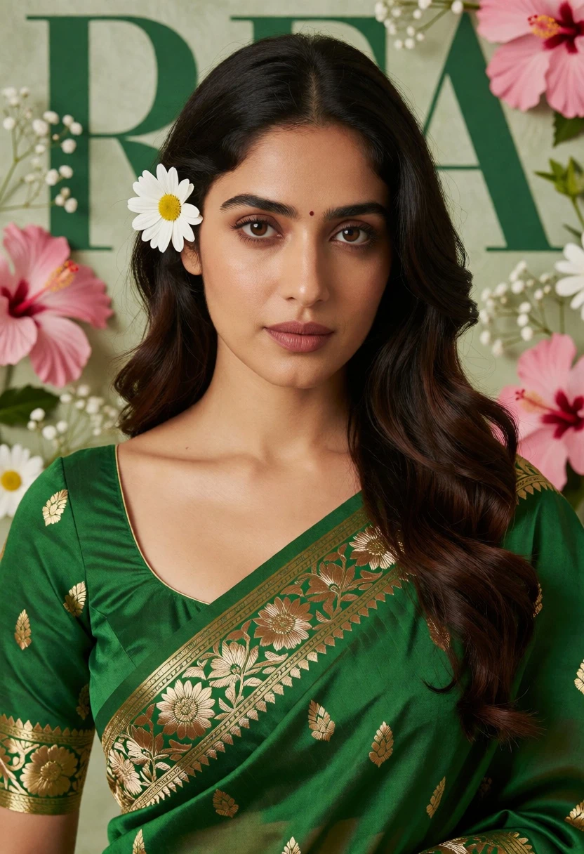 Portrait of woman in green saree with gold embroidery and white daisy - AI generated image prompt sample