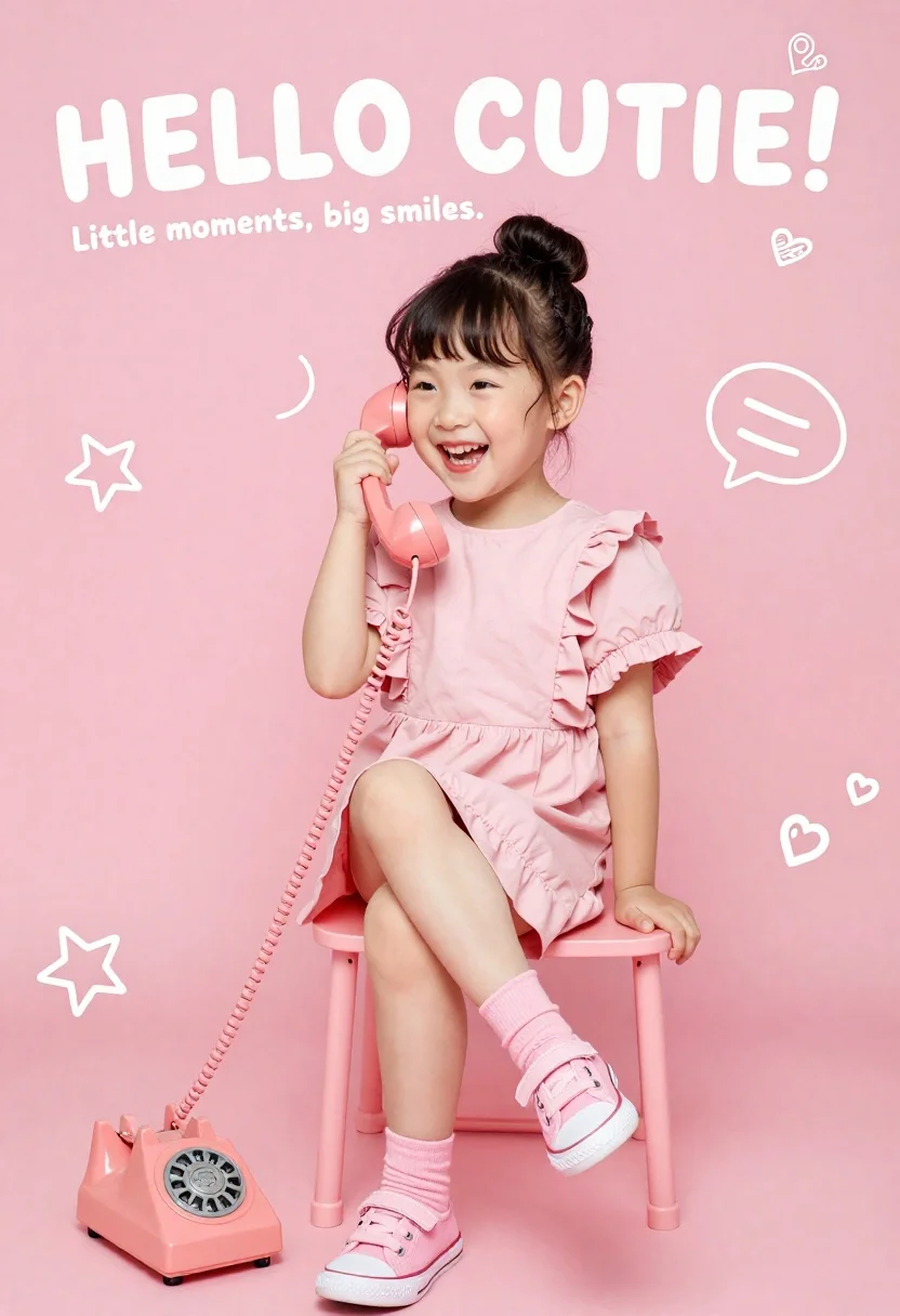 Happy young asian girl laughing while holding a vintage pink telephone - AI generated image prompt sample