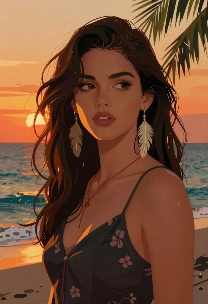 Woman with flowing hair against sunset ocean backdrop