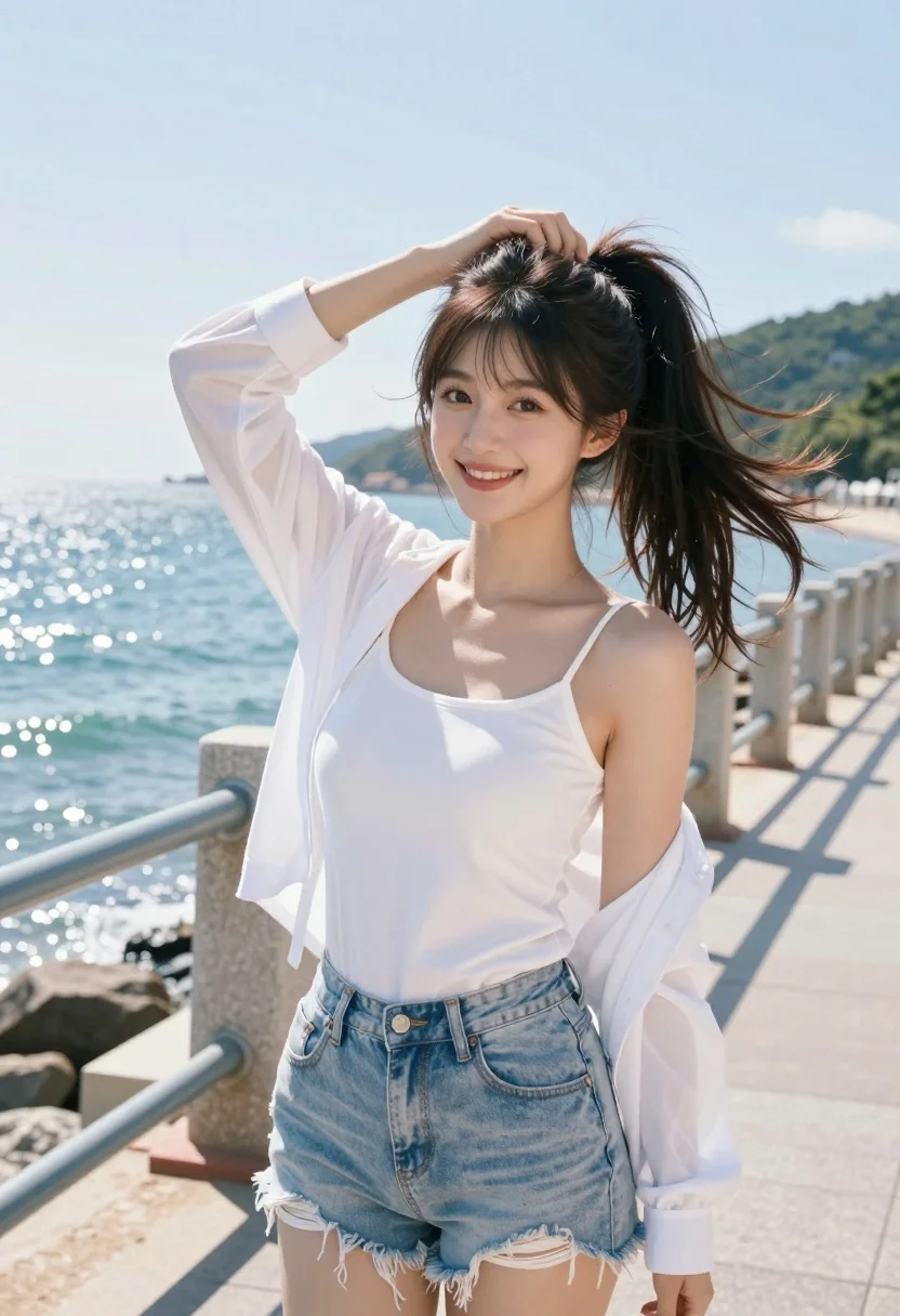 Young woman in white top and denim shorts on seaside promenade - AI generated image prompt sample