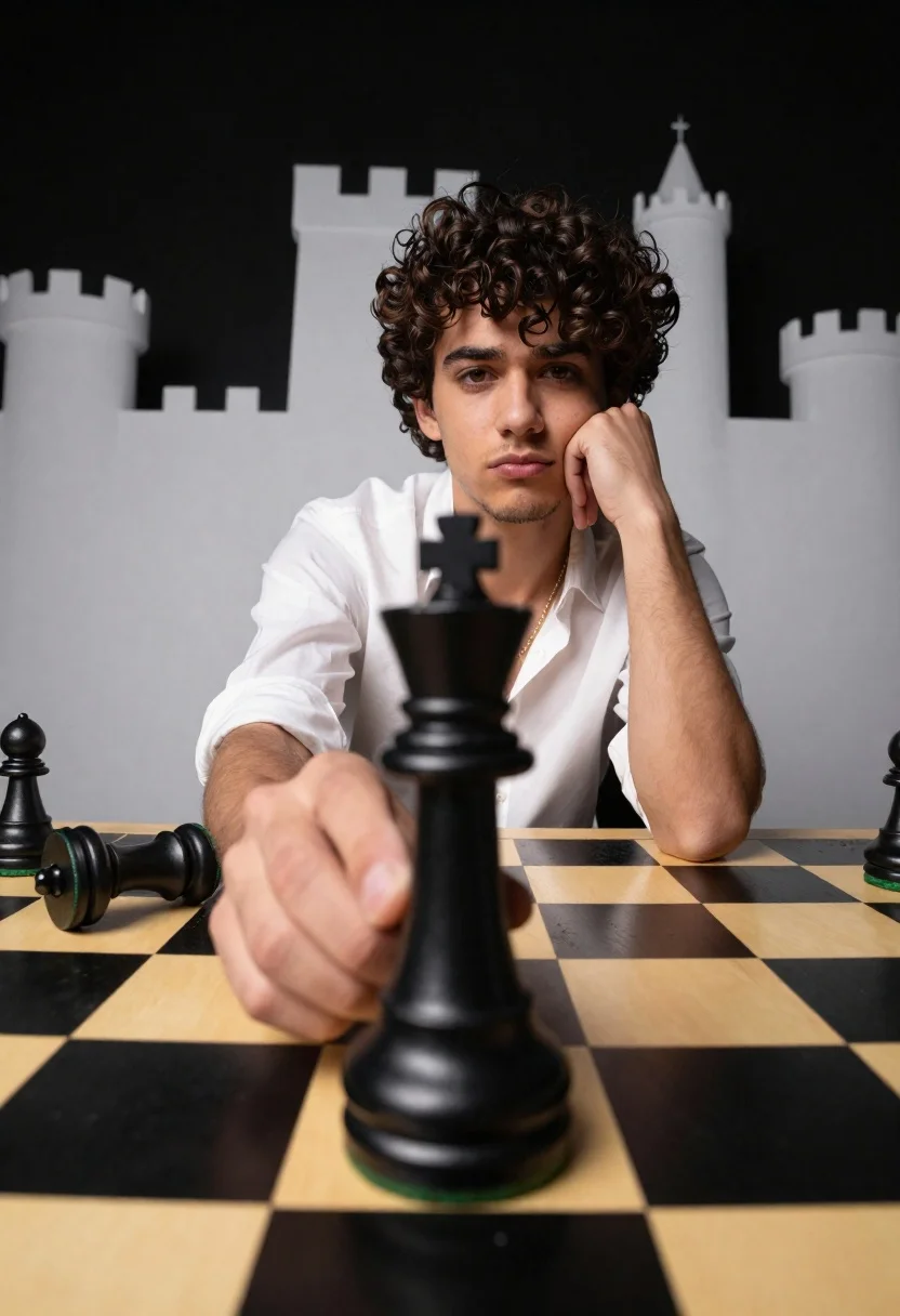 Young man holding large black king piece on glossy chessboard studio setting - AI generated image prompt sample