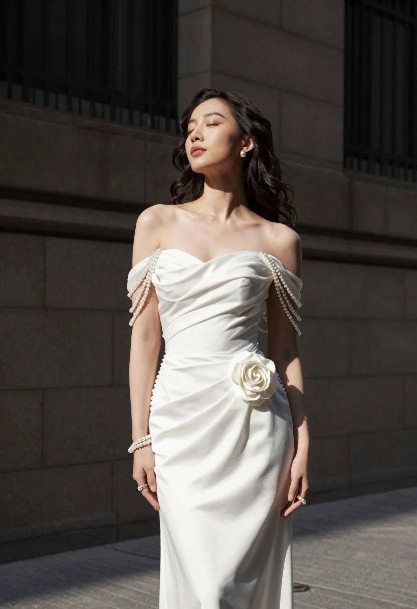 Woman in white gown standing against dark stone architectural wall outdoors