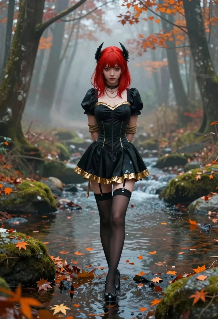 Anime woman in black dress in a misty forest stream - AI generated image prompt sample