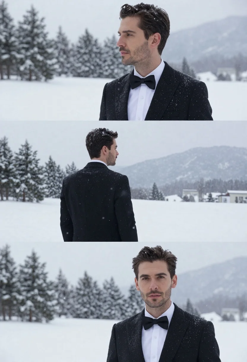 Handsome man in tuxedo amidst heavy snowfall by pine trees - AI generated image prompt sample