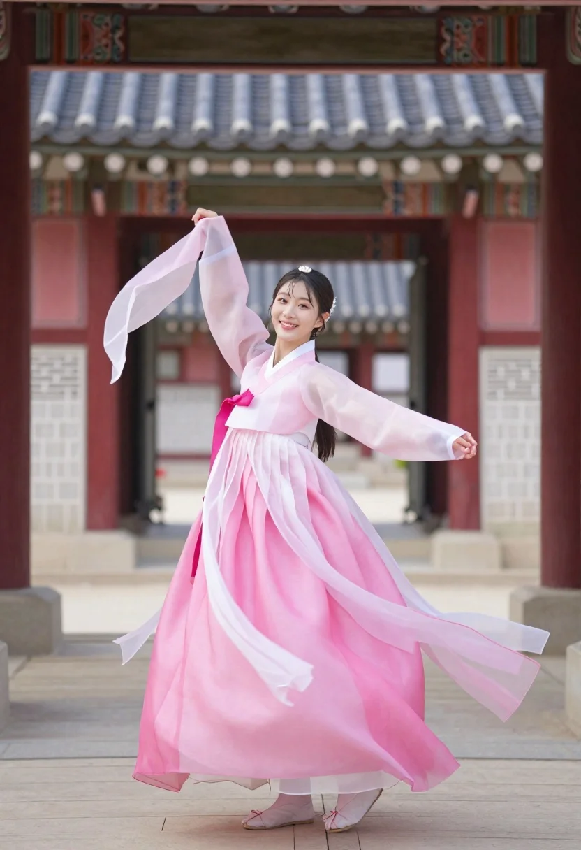 Smiling woman twirling in pink hanbok before korean traditional gate
