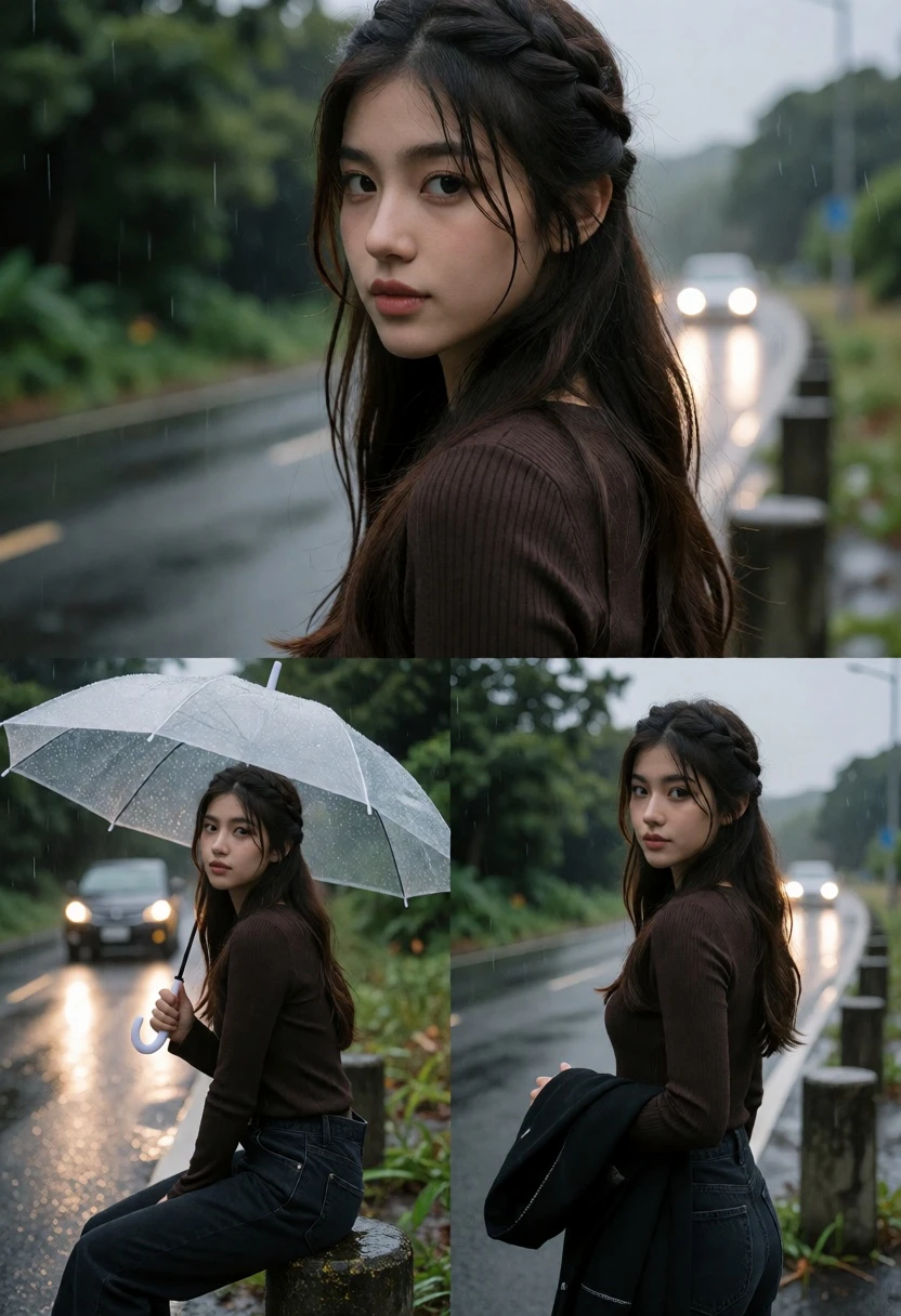 Young woman looking over shoulder on wet roadside during an overcast rainstorm - AI generated image prompt sample