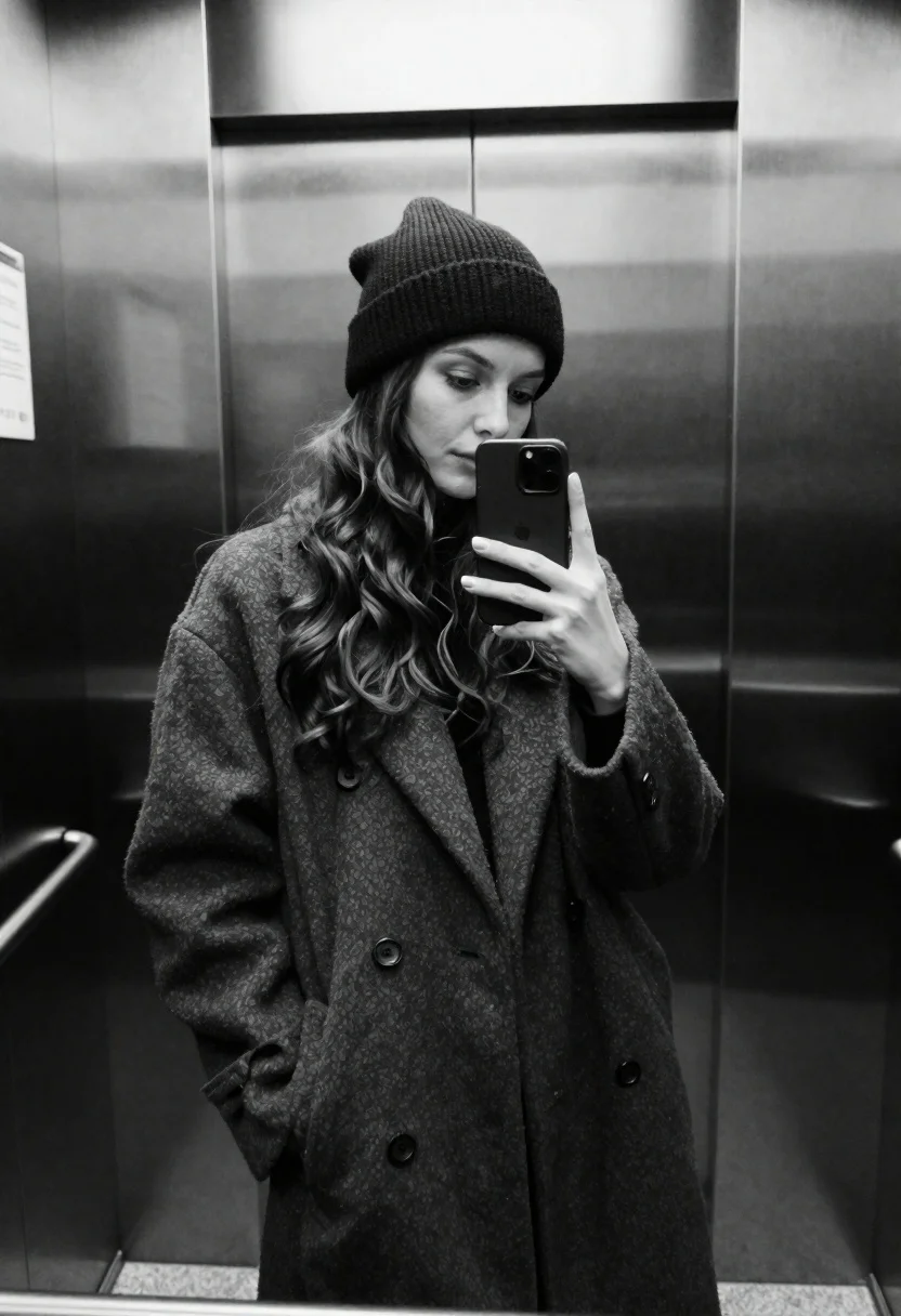 Profile mirror selfie of woman in wool coat inside elevator - AI generated image prompt sample
