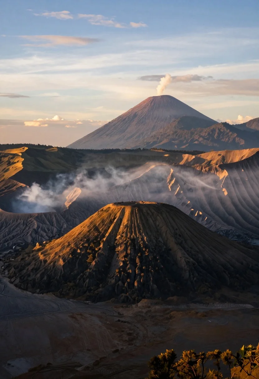Majestic volcanic landscape at sunrise over sea of clouds from high vantage - AI generated image prompt sample
