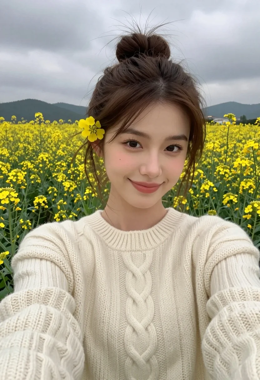 Young woman taking a selfie in a field of yellow wildflowers under - AI generated image prompt sample