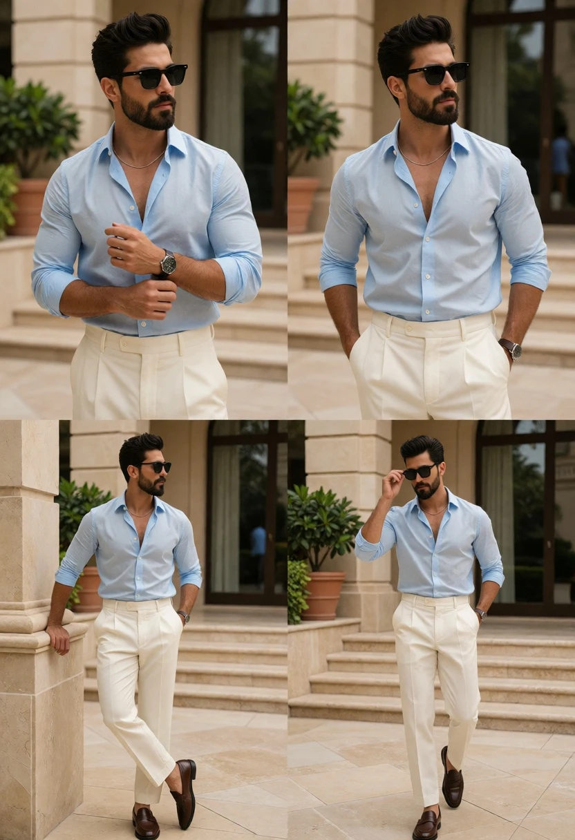 Stylish man in light blue shirt and cream trousers outdoors near beige - AI generated image prompt sample