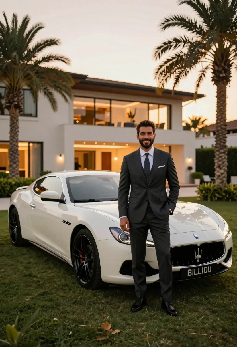 Handsome man in dark suit next to white sports car on manicured - AI generated image prompt sample