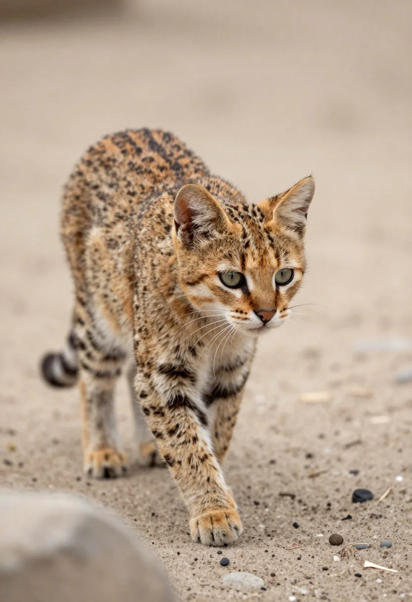Photorealistic close up of sand cat walking across sandy desert terrain - AI generated image prompt sample