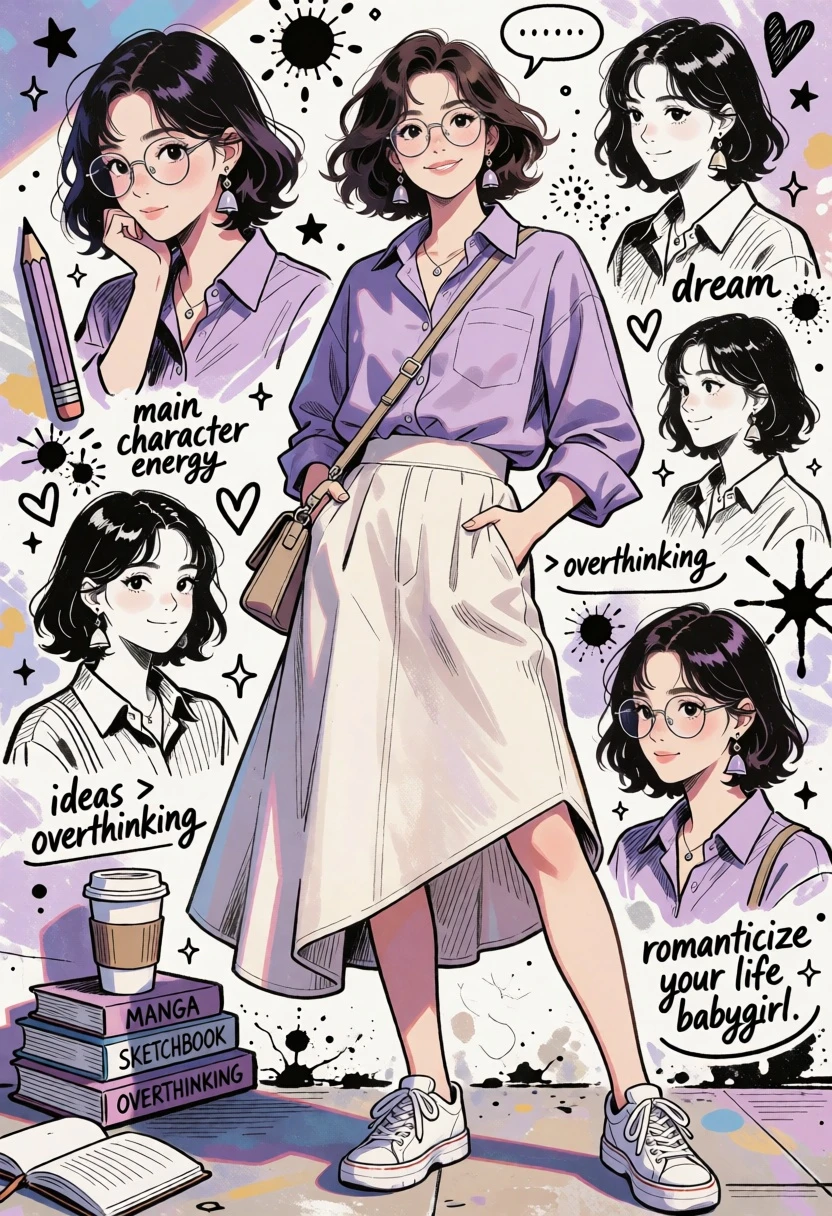 Young woman in lavender shirt against collage of hand drawn sketches - AI generated image prompt sample