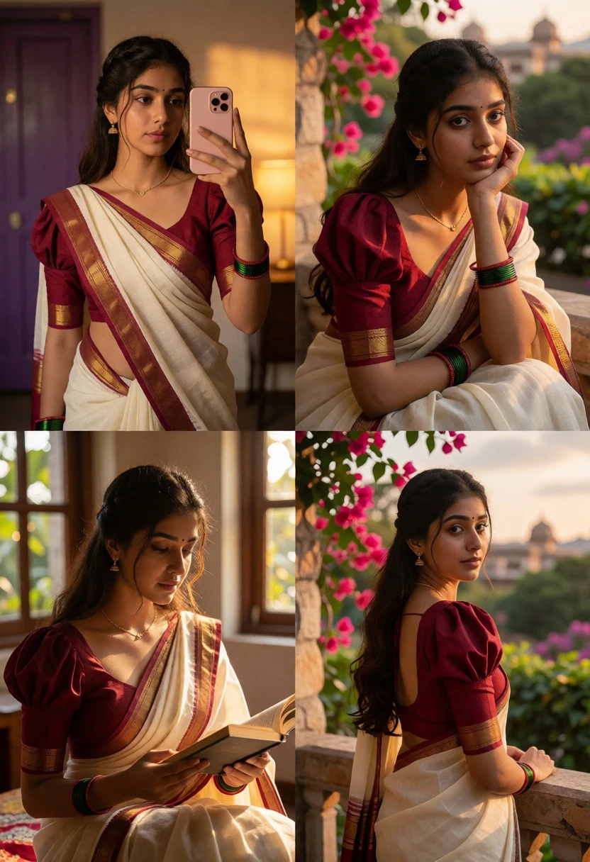 Collage of four photographs featuring woman in traditional indian saree - AI generated image prompt sample