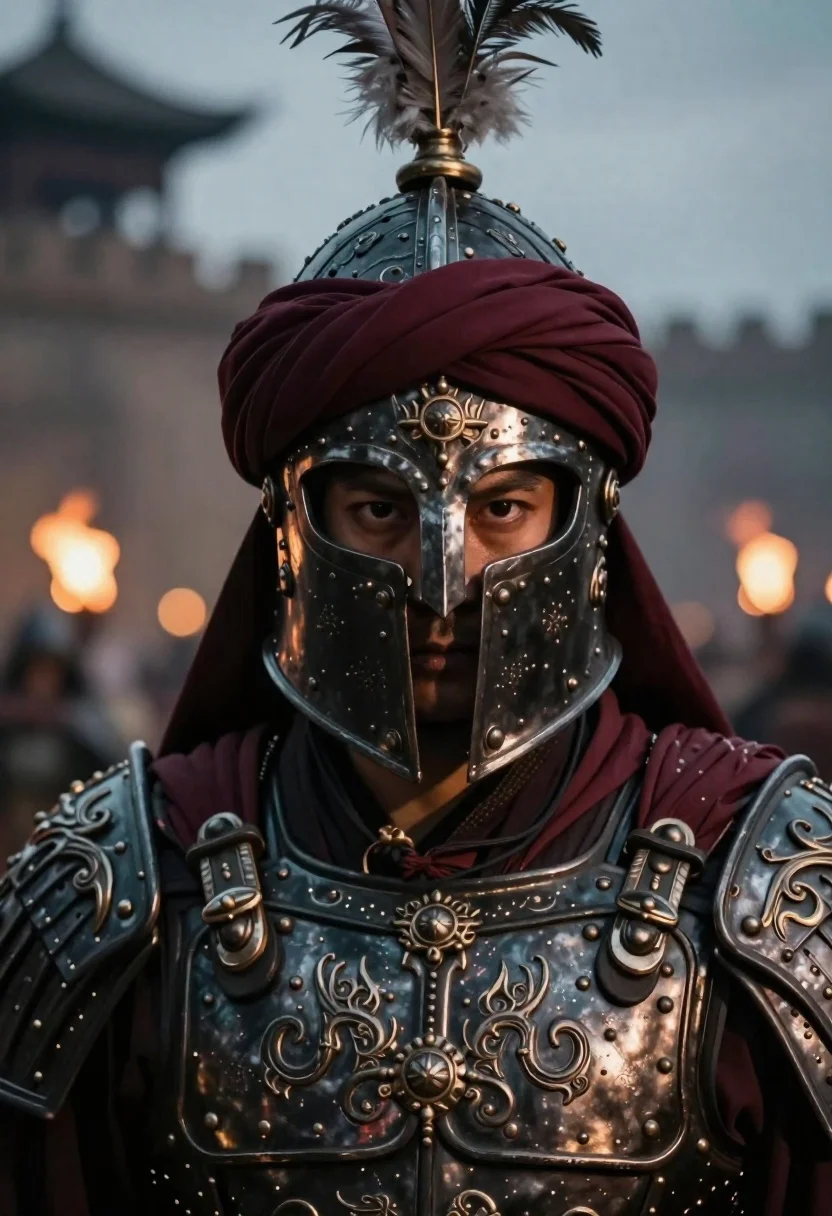 Warrior portrait with ornate metallic armor and plume