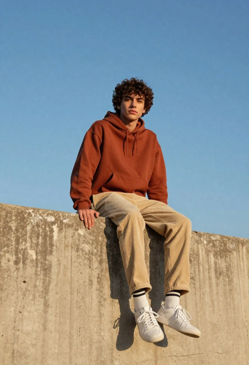 Young man with curly dark hair sitting on concrete wall under blue - AI generated image prompt sample