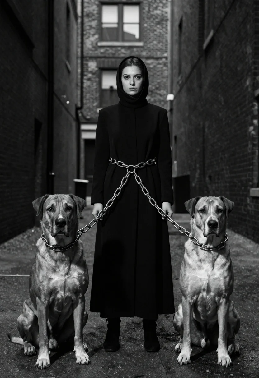 Woman between two large dogs in an urban alleyway - AI generated image prompt sample