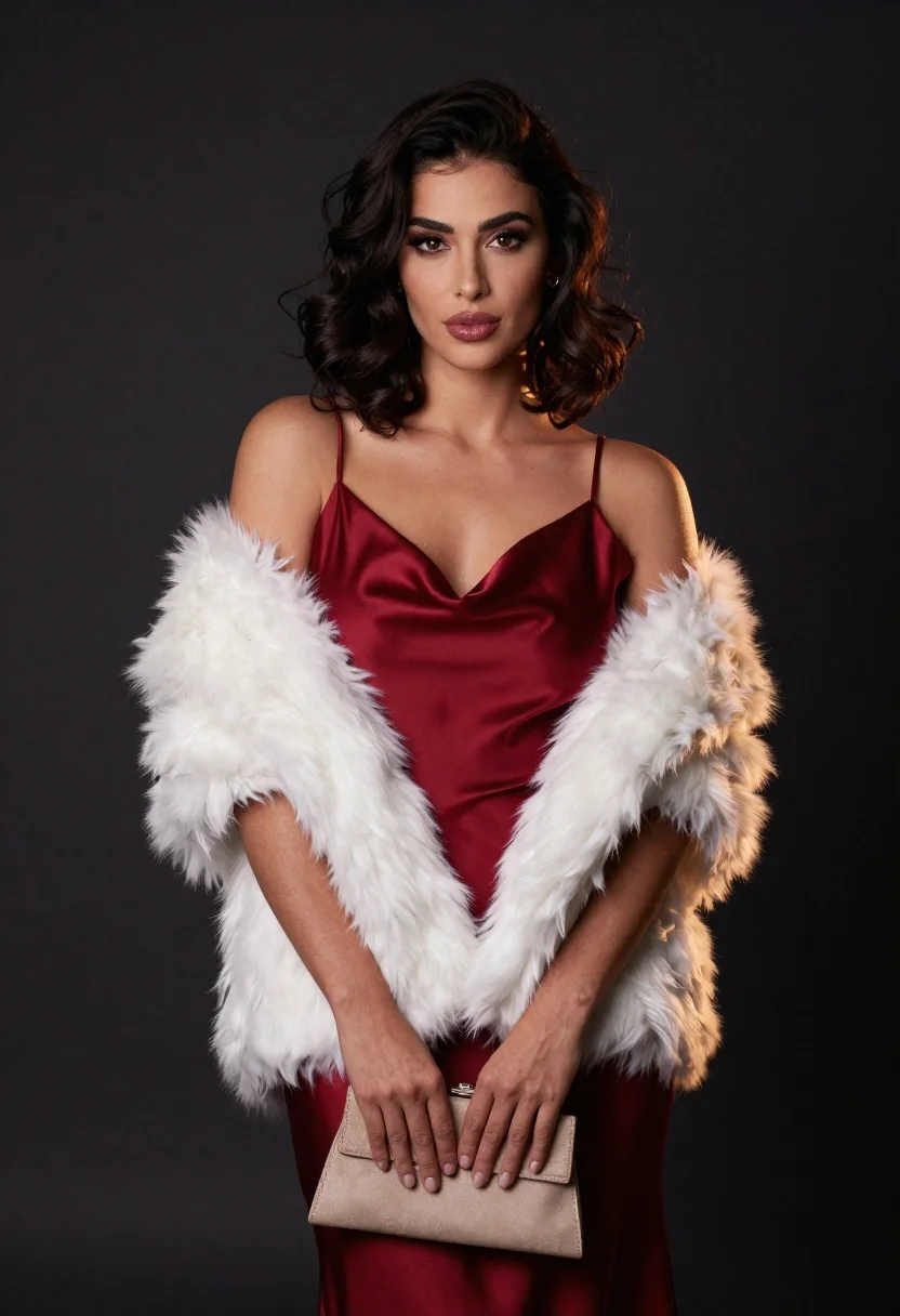 Confident woman in deep red satin slip dress with white fur stole - AI generated image prompt sample