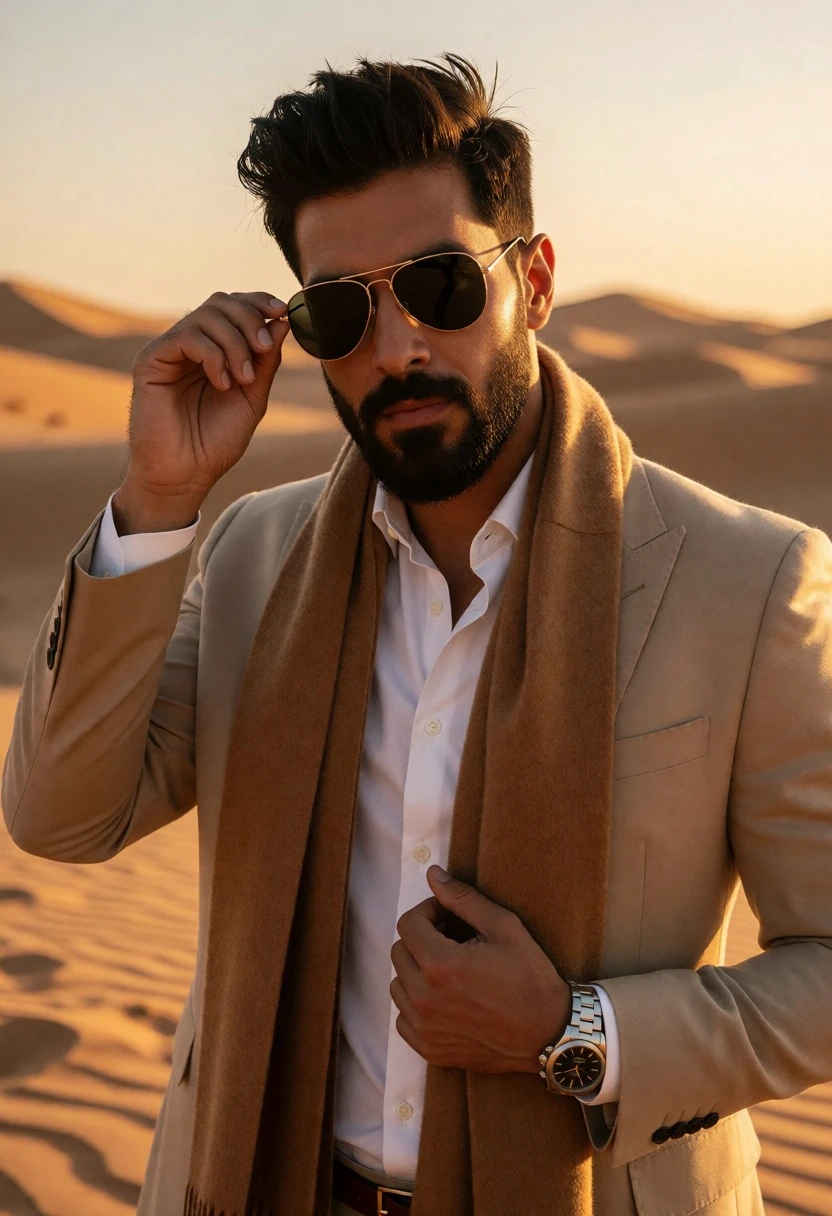 Stylish man in beige suit adjusting sunglasses in vast golden hour desert - AI generated image prompt sample