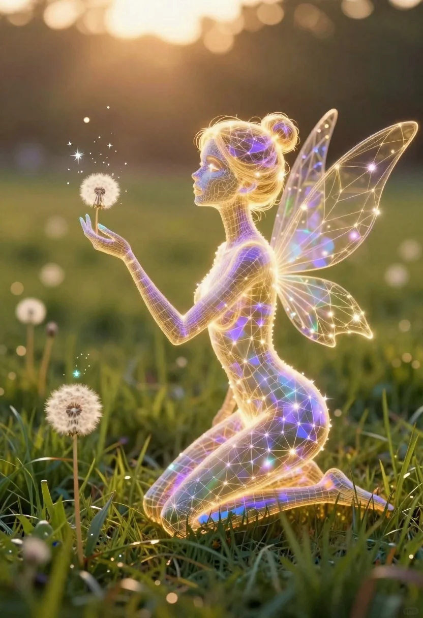 Glowing wireframe fairy kneeling by dandelion in meadow