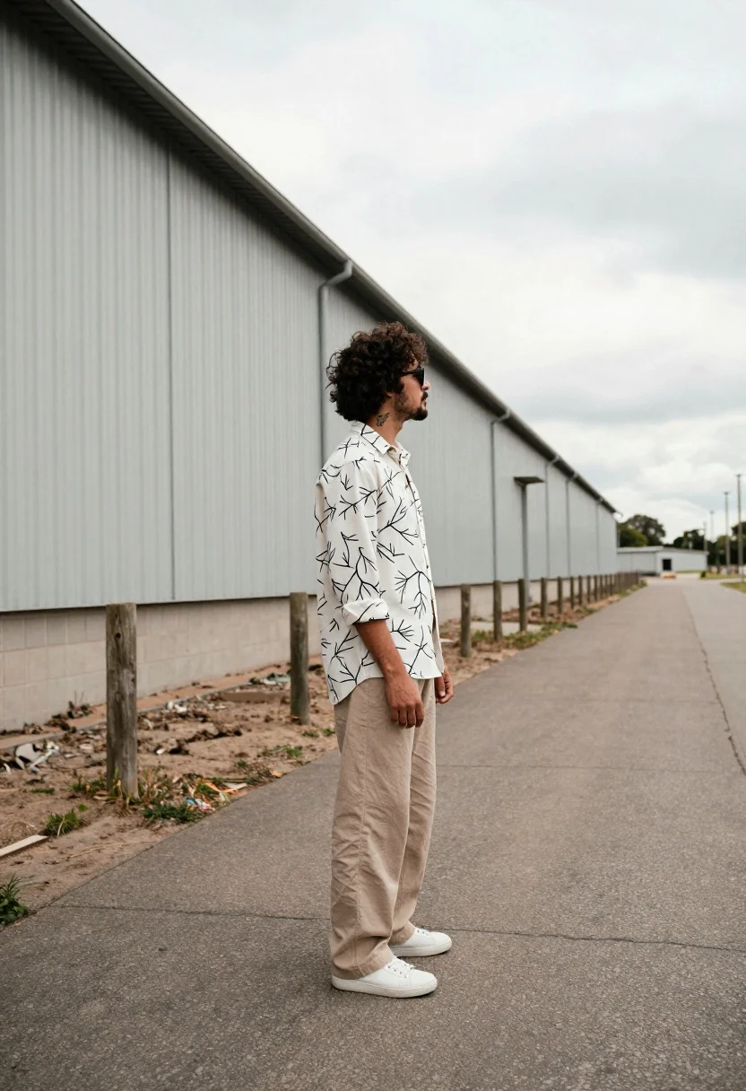 Man in white shirt standing by industrial corrugated metal building path - AI generated image prompt sample
