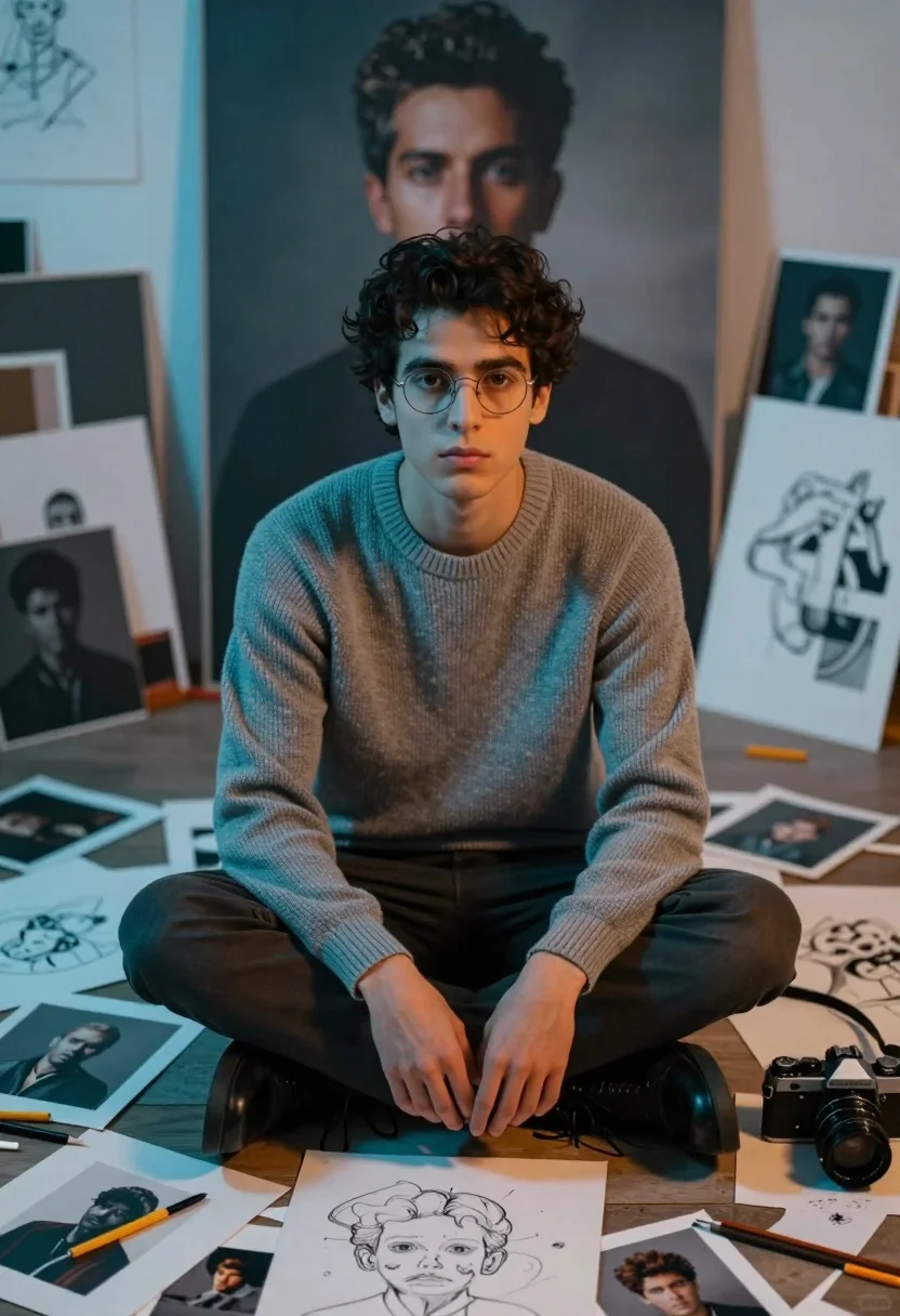 Young man in sweater sitting on floor surrounded by artistic clutter - AI generated image prompt sample