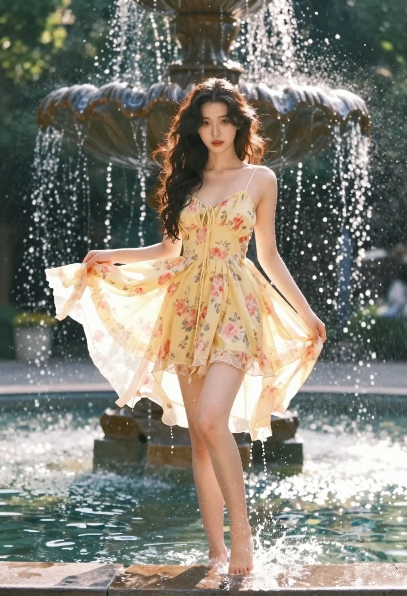 Young woman in yellow floral dress stepping through fountain water - AI generated image prompt sample